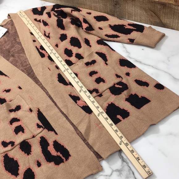 Zesica Tan‎ Pink Leopard Knit Cardigan Womens Medium Tunic Sweater Open Front - Picture 10 of 10